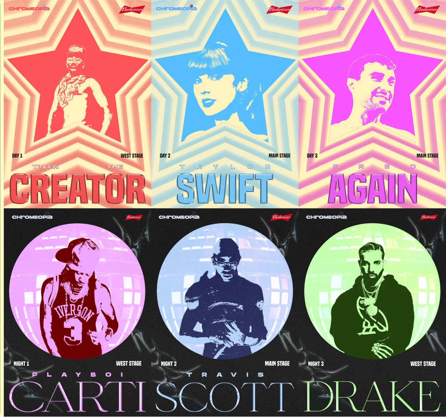 Six artist posters: Tyler, Taylor Swift and Fred Again on starbursts by day; Playboi Carti, Travis Scott and Drake in disco balls by night.