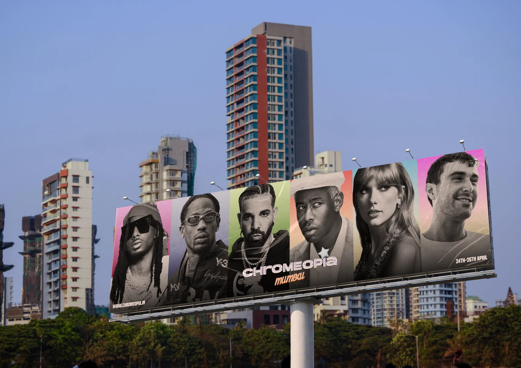 A Chromeopia billboard over Mumbai towers, six headliners across it.