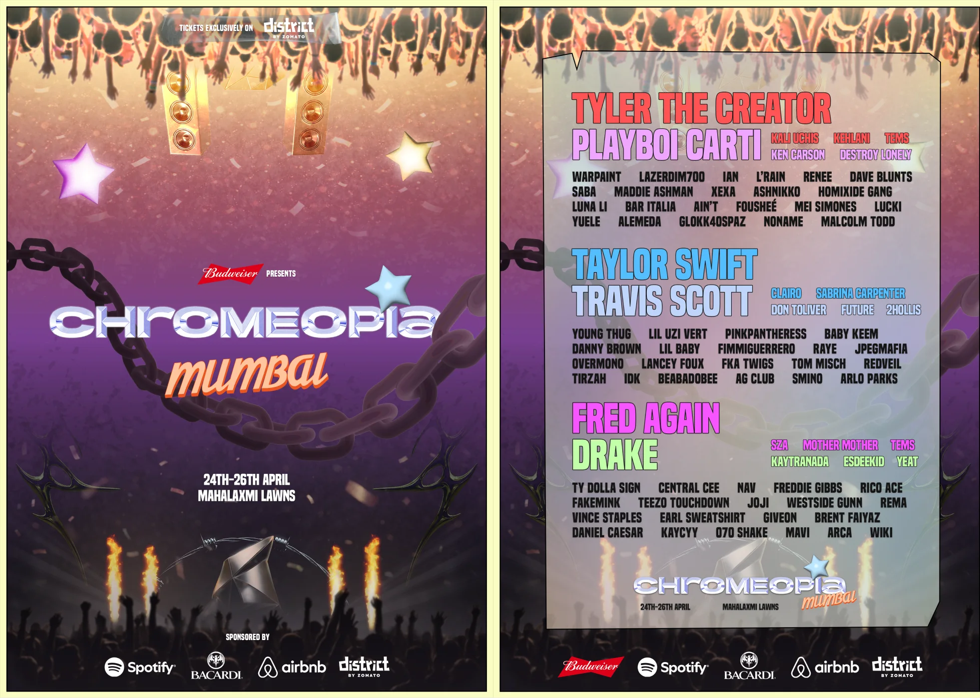 Two festival posters: “Chromeopia Mumbai, 24th–26th April”, and the full three-day lineup.
