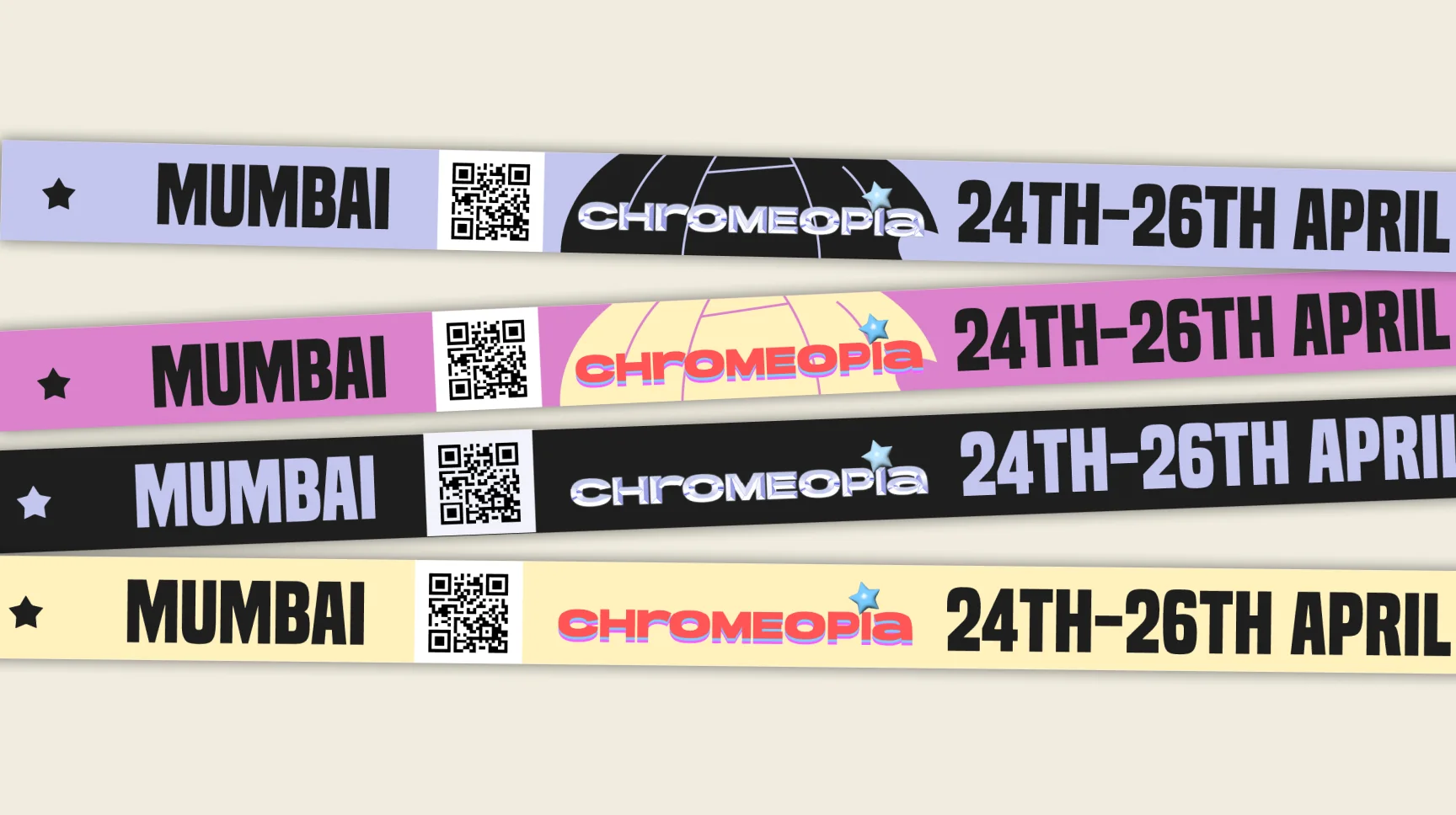 Four Chromeopia wristbands: “Mumbai, 24th–26th April”.