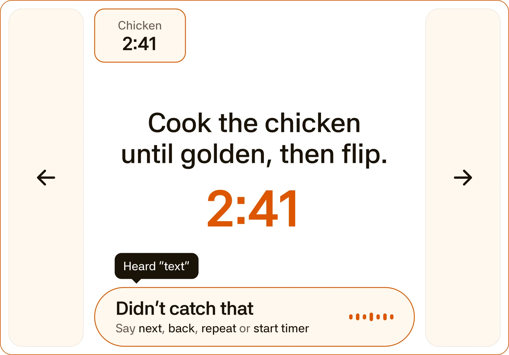 A step reading “Didn’t catch that”, the four commands listed under it, the 2:41 timer unchanged.