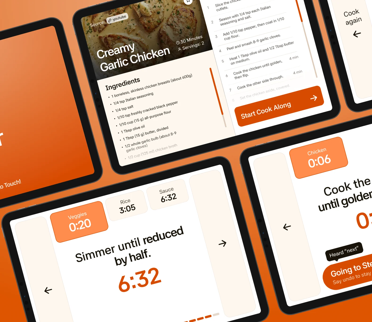 Five tilted iPads on orange: Ember’s splash screen, the Creamy Garlic Chicken recipe page with Start Cook Along, the Done screen, three timers on the heat, and a step that heard “next”.