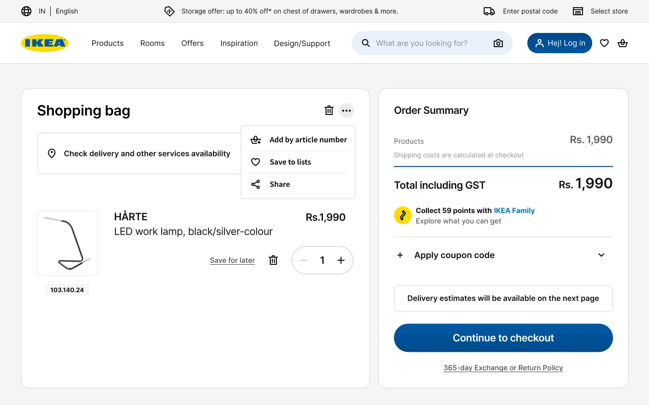 The redesigned shopping bag: the lamp and a small actions menu on the left, the order summary and Continue to checkout on the right.