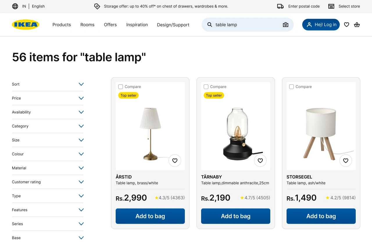 Redesigned search results: three bordered lamp cards, each with its price, rating and an Add to bag button.