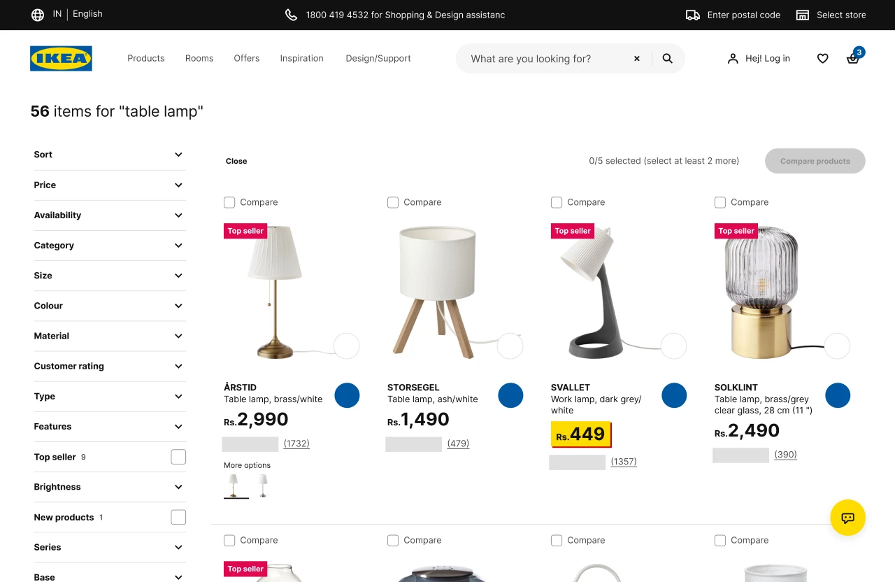 Current search results for "table lamp": four lamps a row with loose prices, ratings and round buttons.