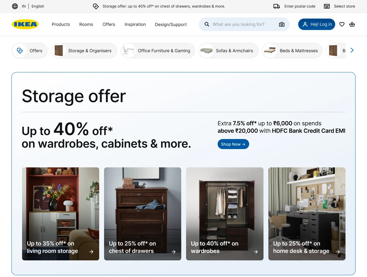 The redesigned home page: the storage offer as one bordered panel of type, with the four offers in a row beneath it.
