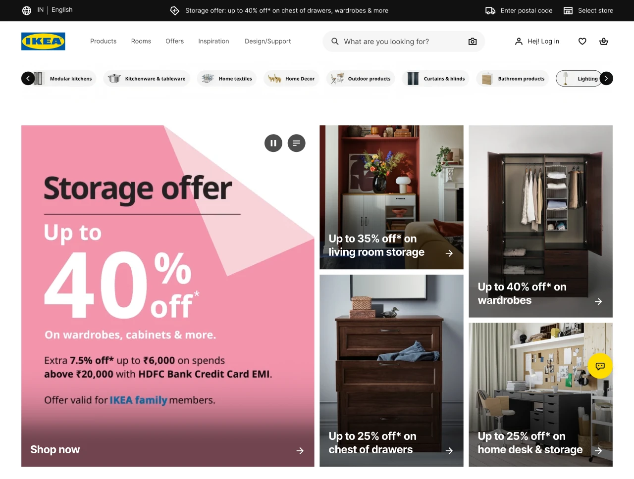 IKEA's current home page: a pink storage-offer banner beside four photo tiles, under a row of category chips.
