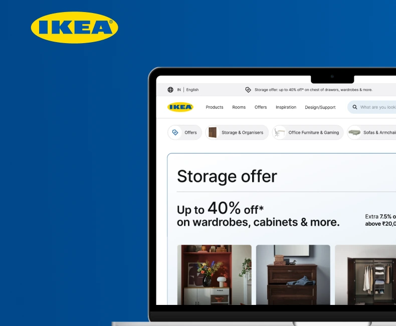 The IKEA logo on IKEA blue, beside a laptop showing the redesigned home page and its storage offer.