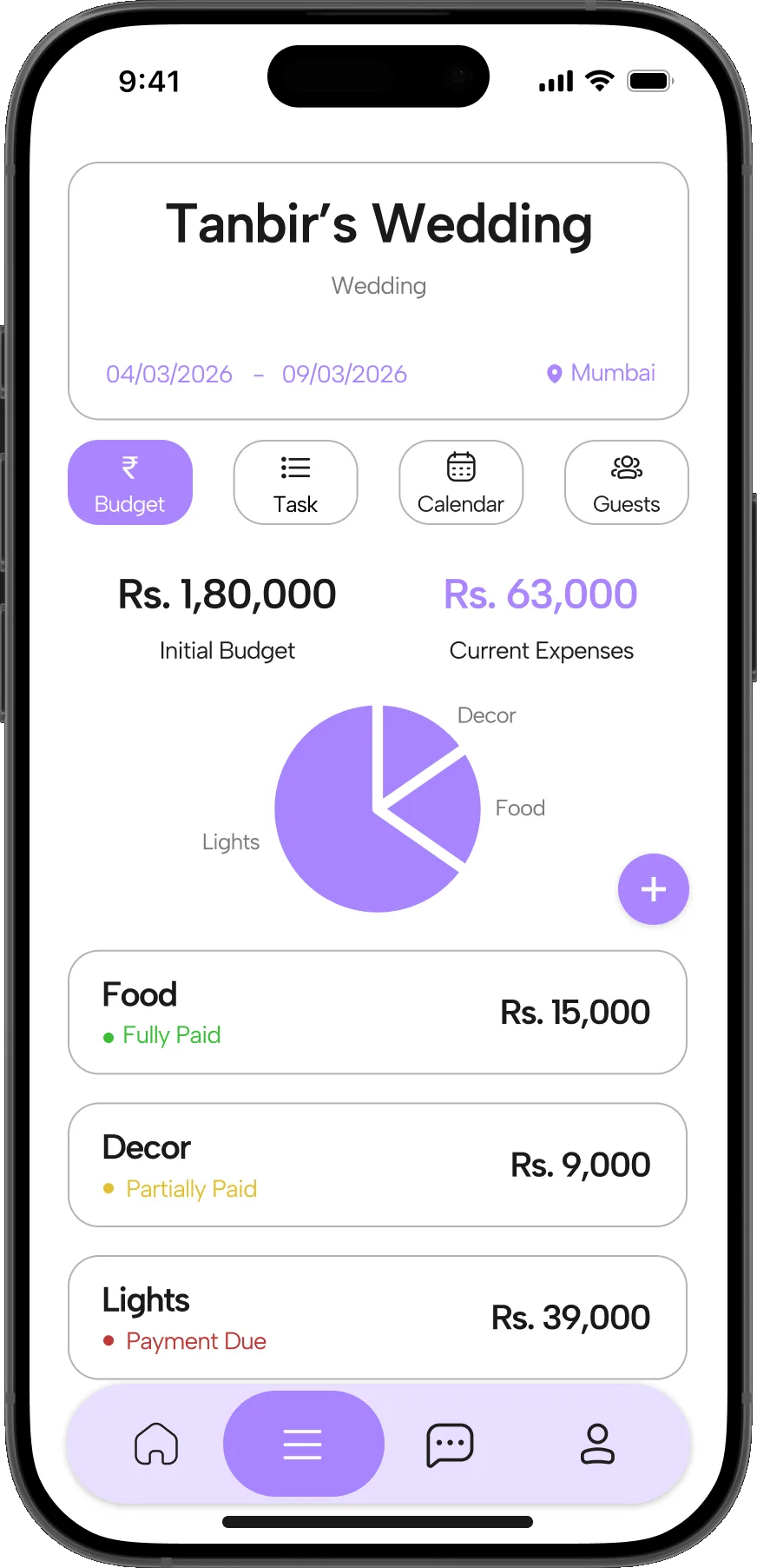 The dashboard’s Budget tab: initial budget beside current expenses, a pie chart by category, and each vendor marked Fully paid, Partially paid or Payment due