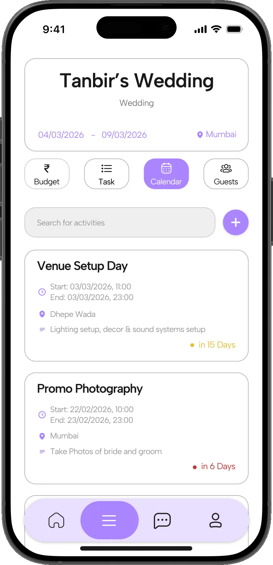 The dashboard’s Calendar tab: timed entries for Venue Setup Day and Promo Photography, each with a venue, a brief and a countdown