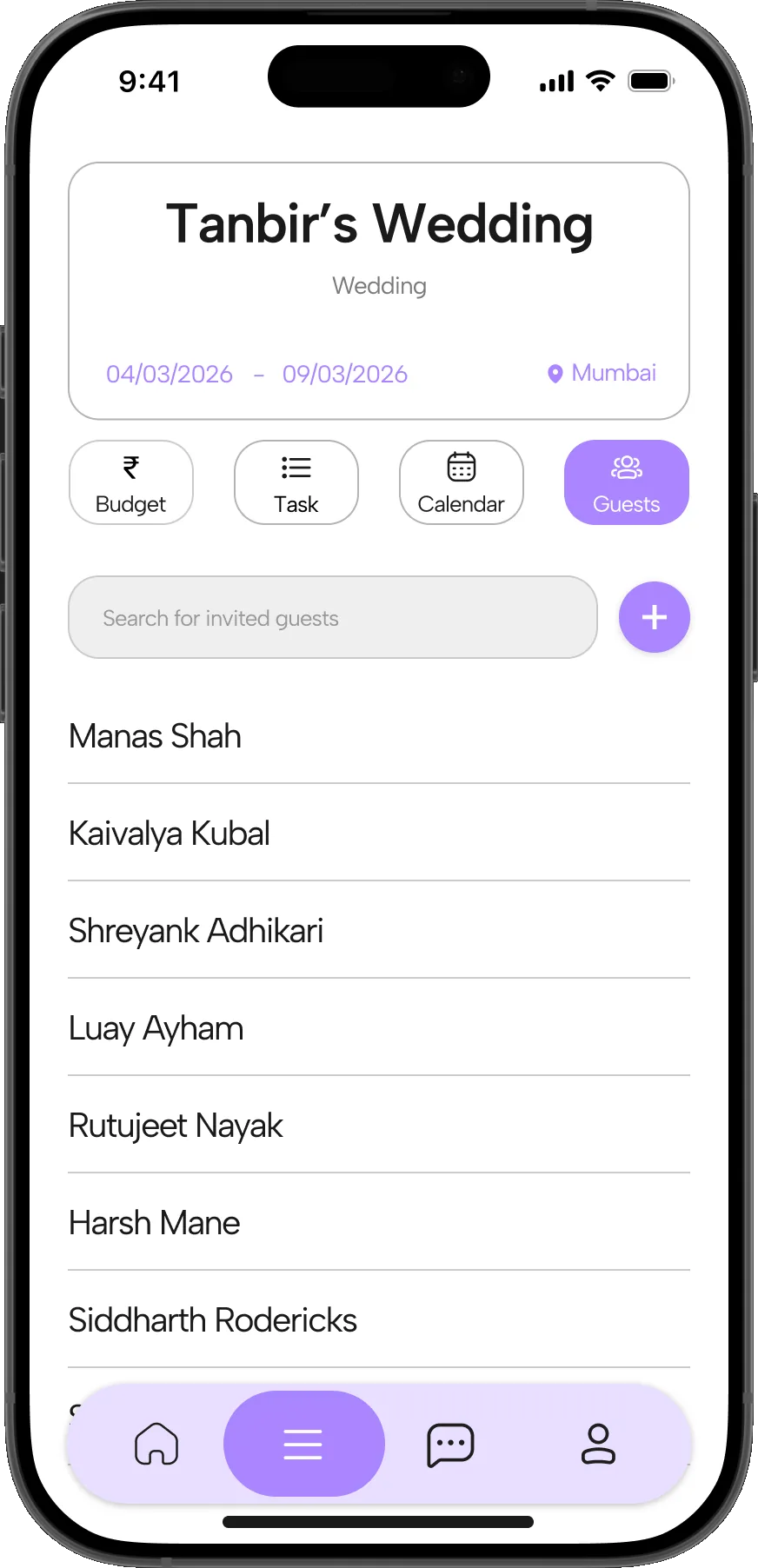 The dashboard’s Guests tab: a searchable list of invited guests