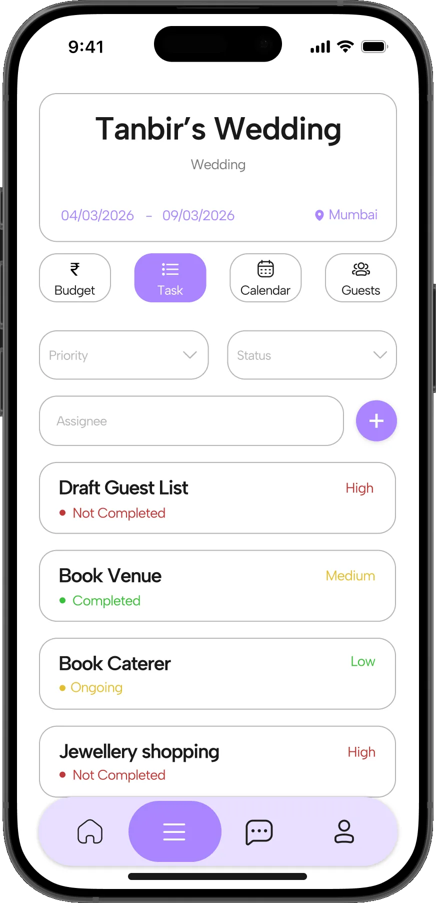 The dashboard’s Task tab: tasks with a priority and a status, filterable by assignee