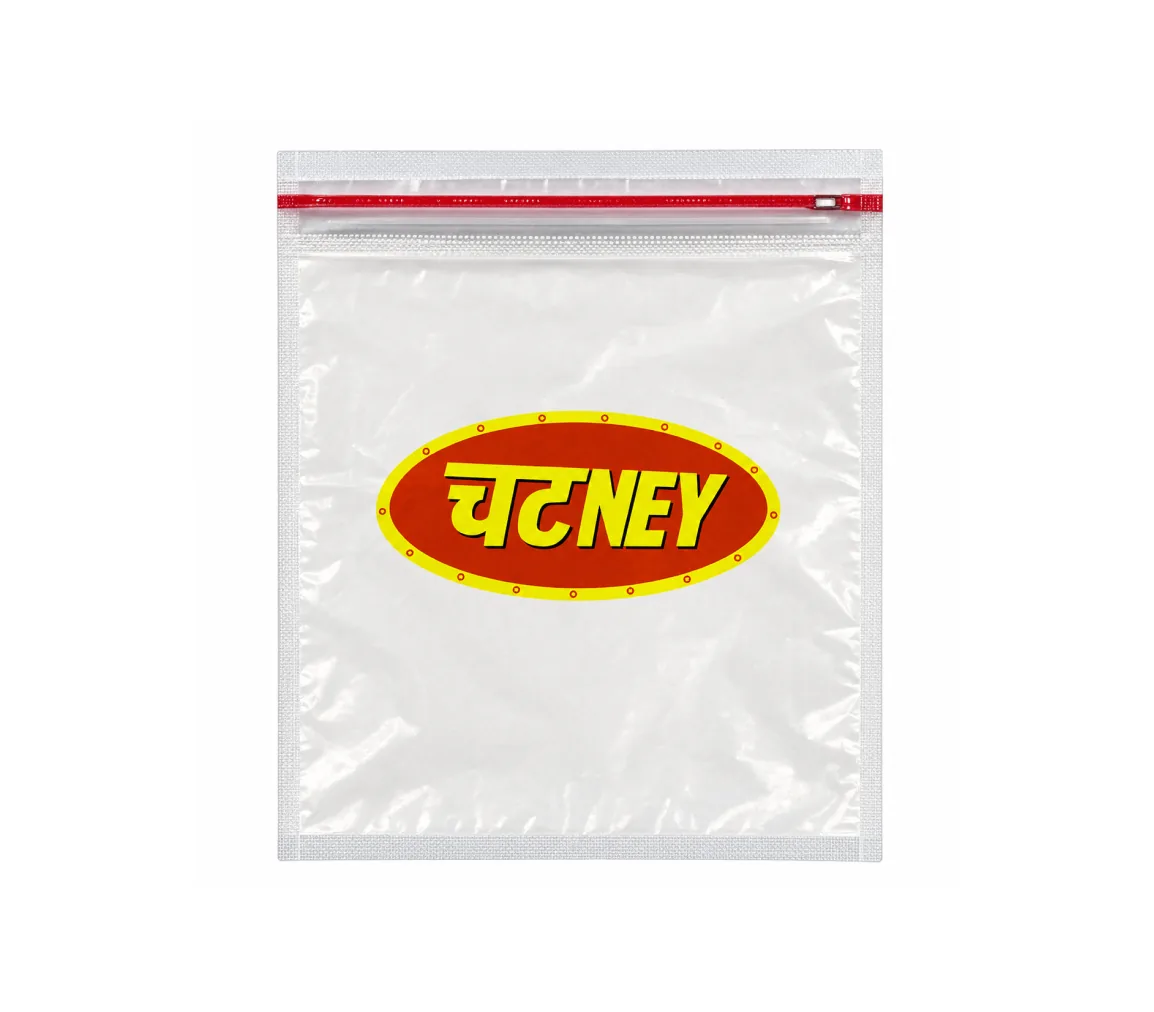 A clear zip sachet on white, the red and yellow “चटNEY” label on its face.