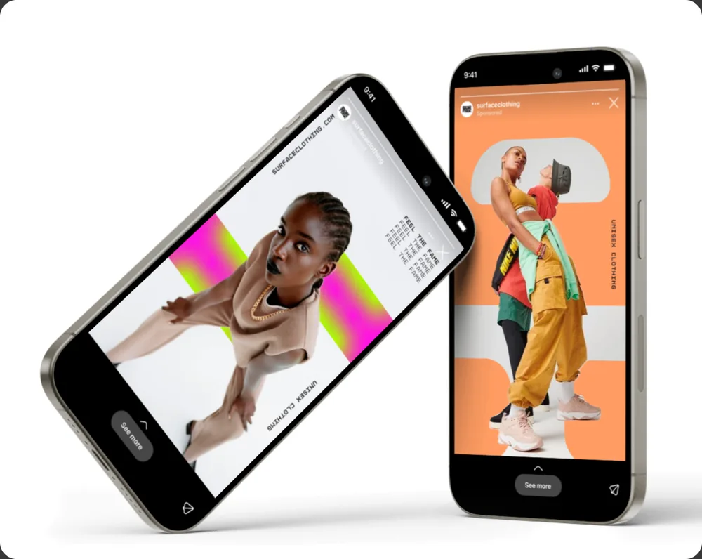 Two phones showing the brand’s social posts.