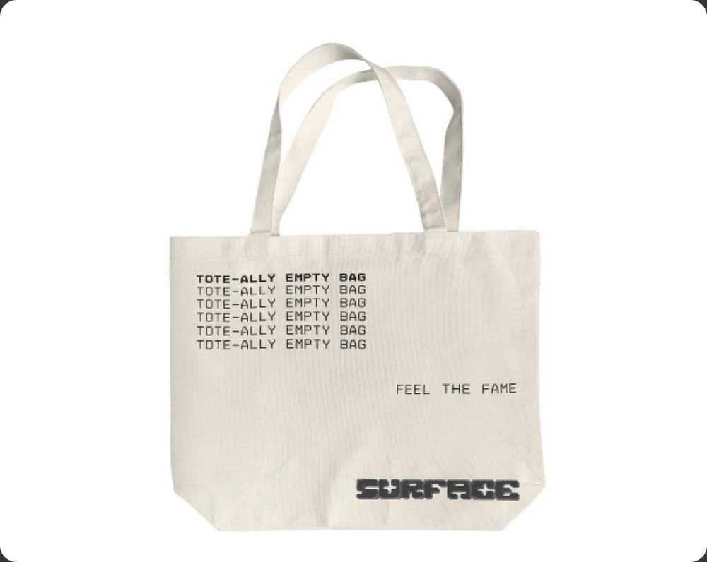 A tote bag carrying the wordmark.