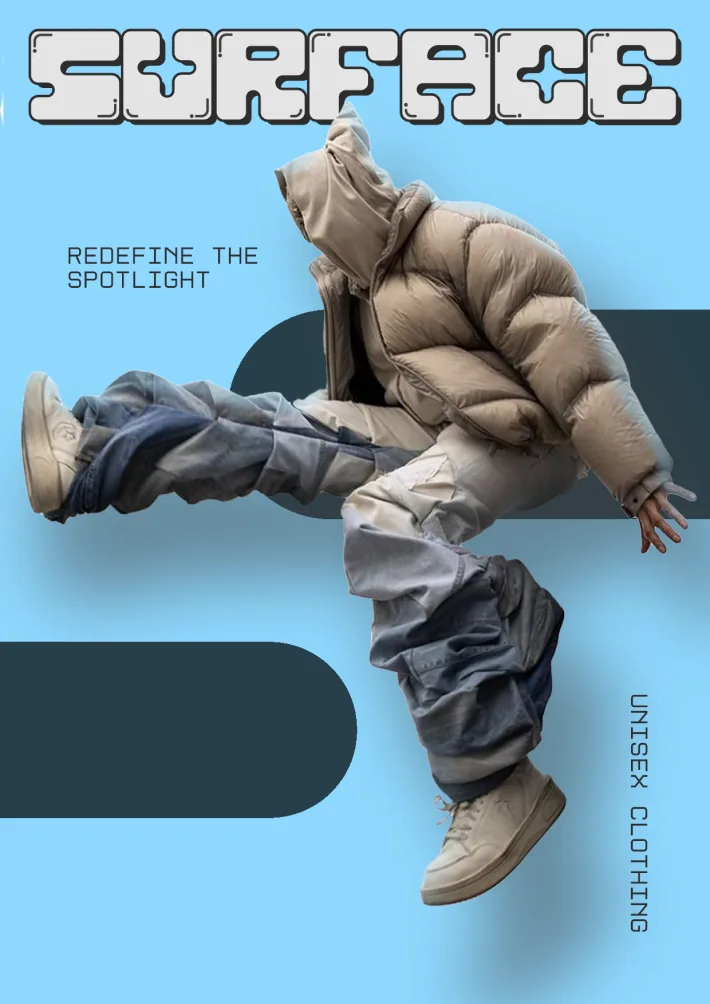 A poster: a model mid-stride on a blue ground, "redefine the spotlight".