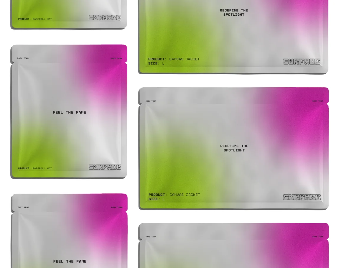 Surface mailer pouches fading from neon green to pink.