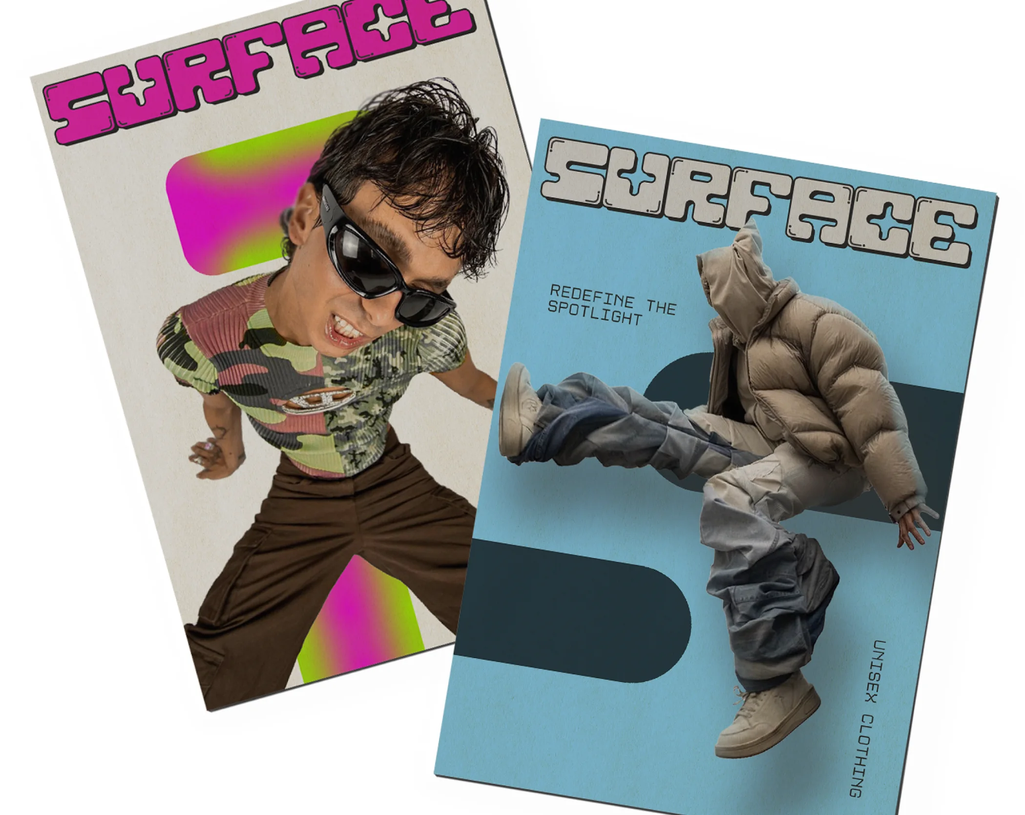 Two Surface posters, one pink and one blue, each with a model mid-pose.