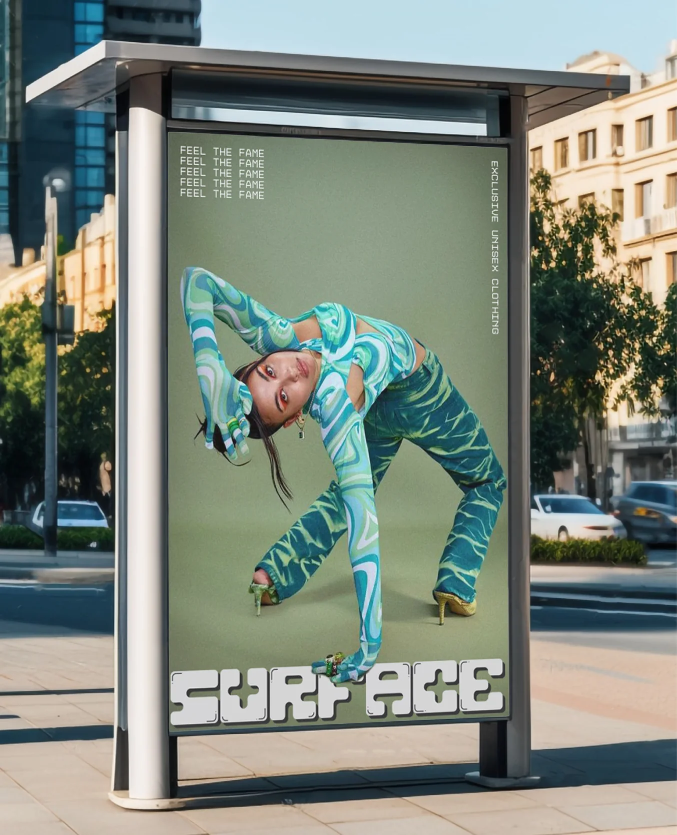 A Surface poster in a bus shelter on a city street.