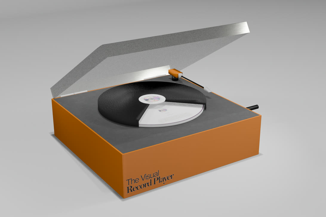 The case with its lid lifted, a record inside